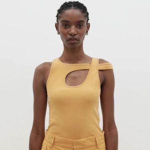 Bassike Crossover Detail Ribbed Tank in Mustard Yellow Size Small